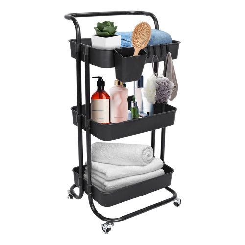 3 Tier Rolling Utility Cart Movable Storage Organizer with Mesh Baskets Lockable Wheels 360 Degree Rotatable Hanging Box Hooks Bedroom Bathroom Kitche 3 Tier Rolling Utility Cart Movable Storage Organizer with Mesh Baskets Lockable Wheels 360 Degree Rotatable Hanging Box Hooks Bedroom Bathroom Kitche